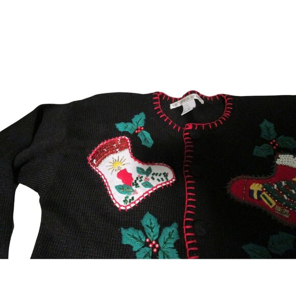 Vintage Victoria Jones Christmas Sweater Med Black Stocking Holly Applique GUC - Picture 6 of 9